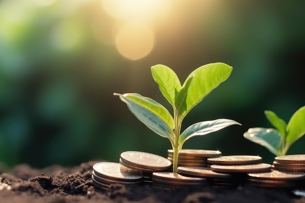 coins with plant on top for business saving grow