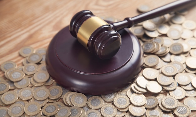 Coins with wooden judge gavel