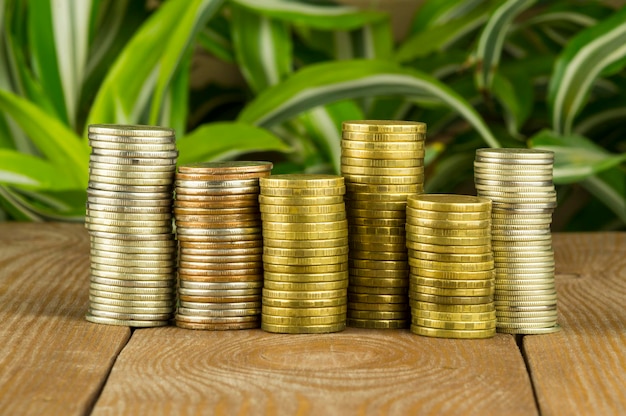 Coins on a wooden table