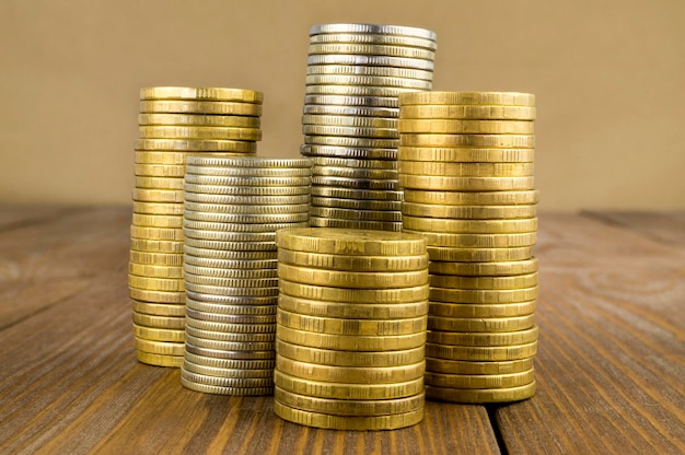 Coins on a wooden table