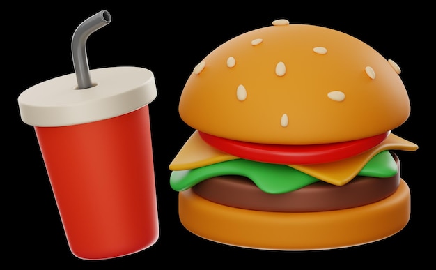 Coca cola e hamburger cibo e bevande icona rendering 3d su sfondo isolato