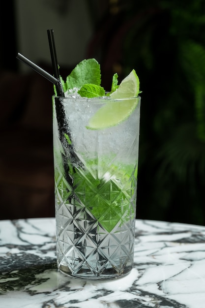 Coktail Gin Tonic or Mojito in glass with mint, ice, lime on the tropical leaves background.