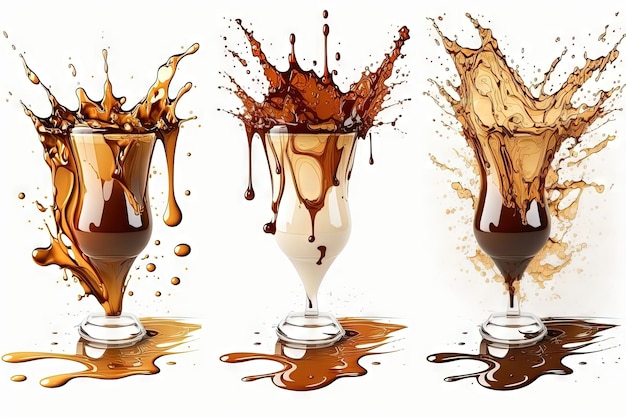 Cola or coffee themed collection of brown liquid splashes isolated on white