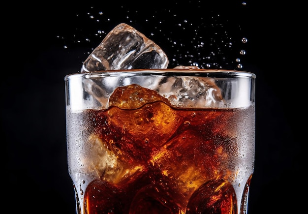 cola fresh soft drink with Ice cubes close up shot on a black background