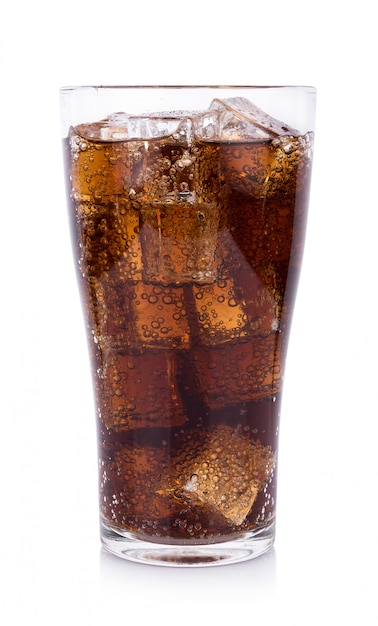 Cola in glass with ice cubes on white background