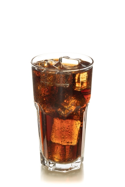 Cola in glass with ice on white background