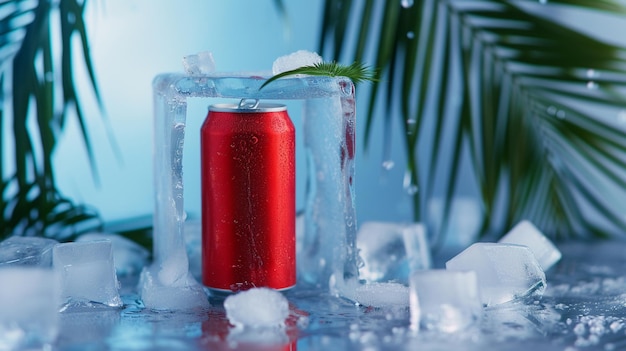 cola kan staat op een ijsplein met ijsblokjes en palmblad decoratie Generatieve Ai