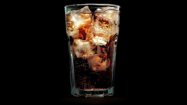 Cola met ijs in glas op zwarte achtergrond