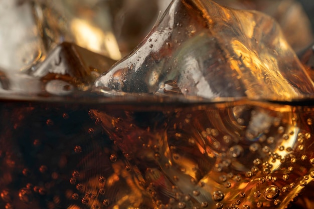 Cola of sodawater gegoten in een glas met ijsblokjes