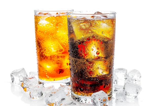 Cola Soda Drink with Lemonade and Orange Soda with Ice Cubes and Bubbles on White Background