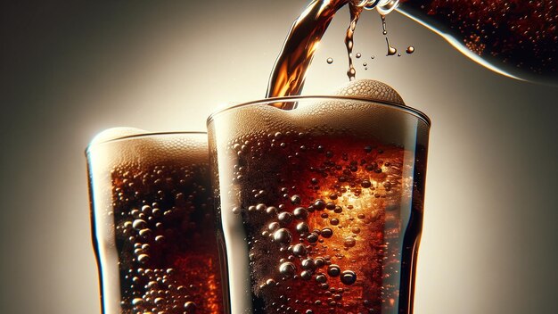 cola soft drink flowing from two cups into glasses with the stream of liquid creating an arc