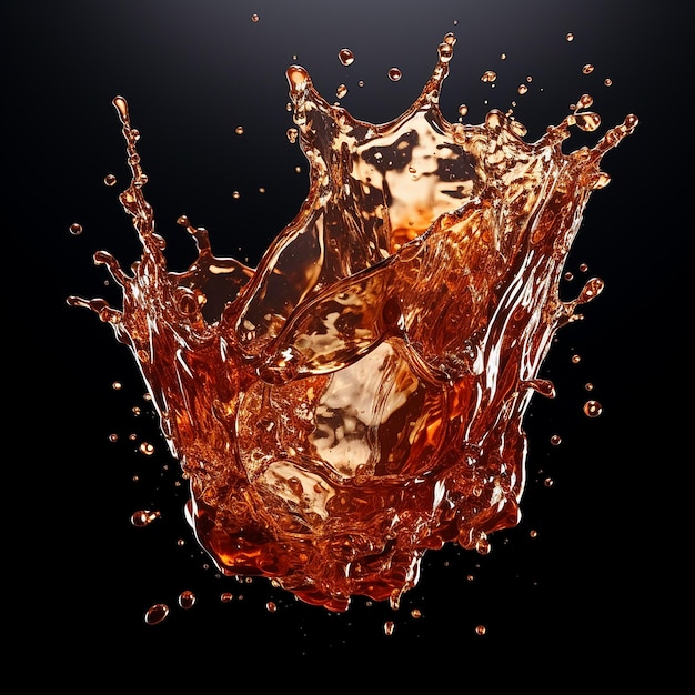 Photo cola splashed and sprayed out with a dynamic fluid containing ice cubes