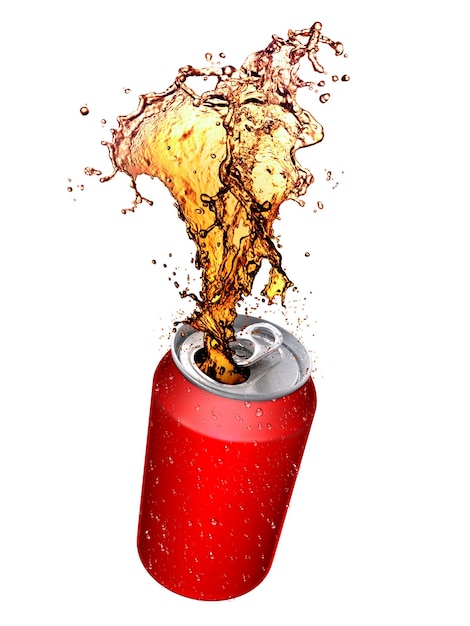 Photo cola splashing out of a cans isolated white background