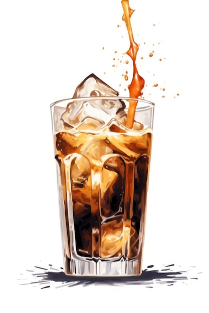 Cola with ice cubes and splash isolated on white background Watercolor illustration