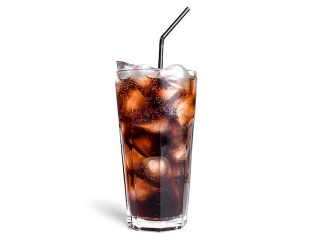 Photo cola with ice in a transparent glass isolated.