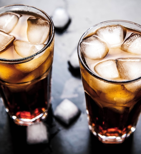 Cola with ice on a wooden table. soft drinks