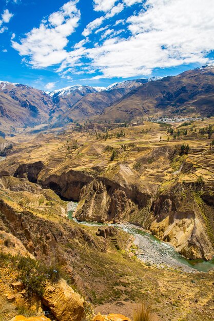 Colca Canyon PeruSouth America Incas to build Farming terraces with Pond and Cliff One of deepest canyons in world