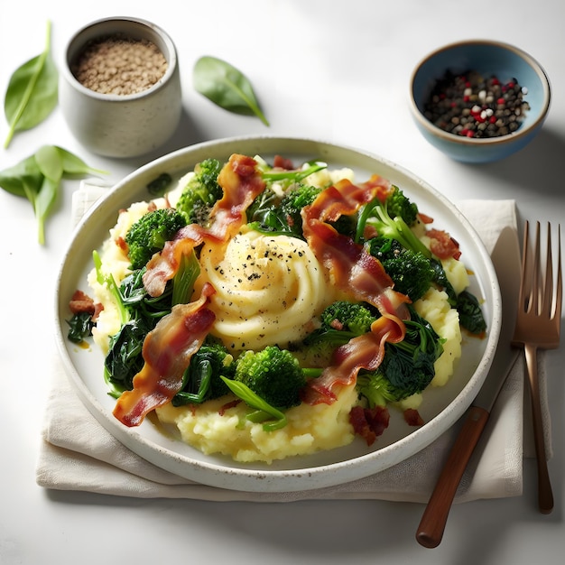 Colcannon op ontworpen bord met aardappelpuree en gebakken groenten