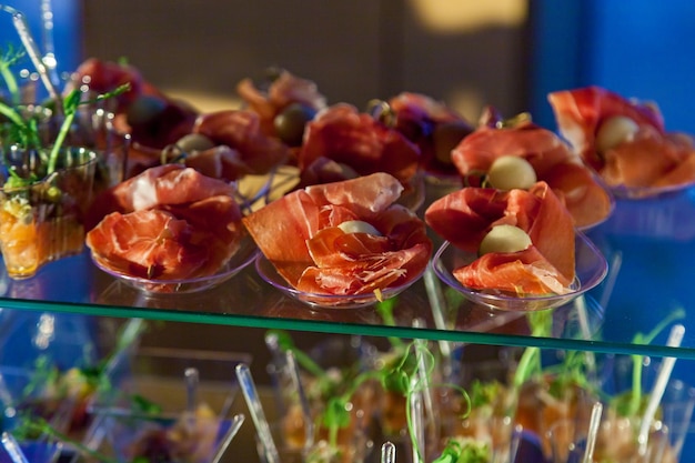 Cold appetizers of meat and cheese for a party