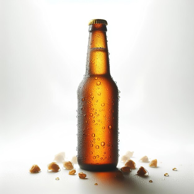 Foto bottiglia di birra fredda con grandi gocce di condensazione su di loro su uno sfondo bianco