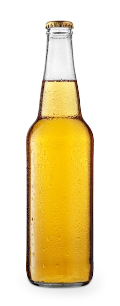 cold beer or cider in glass bottle with drops isolated on white background