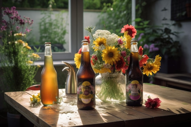 Холодное пиво в непринужденной атмосфере цветочного сада генеративное ИА