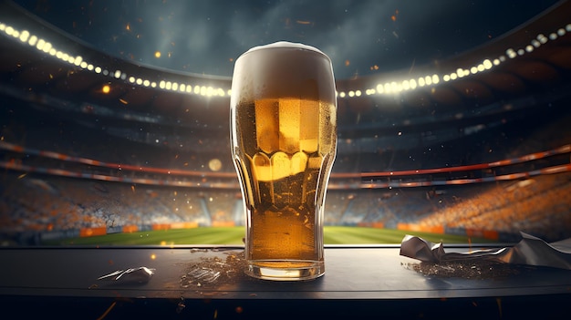 Cold beer on football stadium background Generative AI