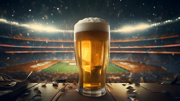 Cold beer on football stadium background Generative AI