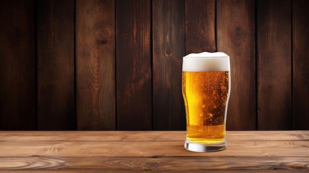 Cold beer glass on wooden background