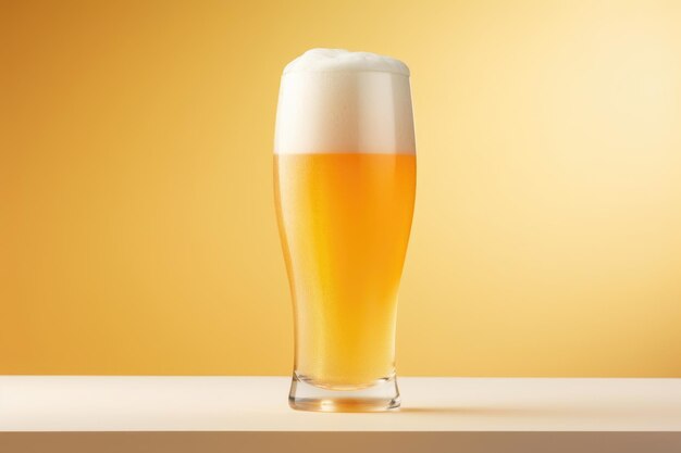 Cold beer with white foam on white table