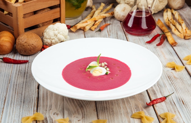 Cold beetroot cream soup with oul and boiled eggs