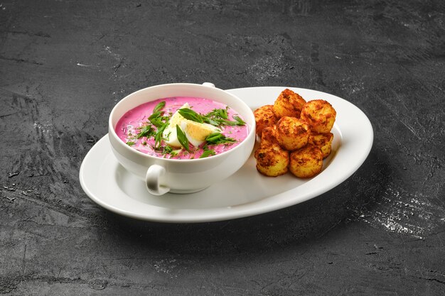 Cold beetroot soup with potato balls