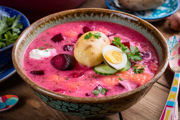 Cold borscht summer beet soup with fresh cucumber boiled egg and baked potatoes on wooden table