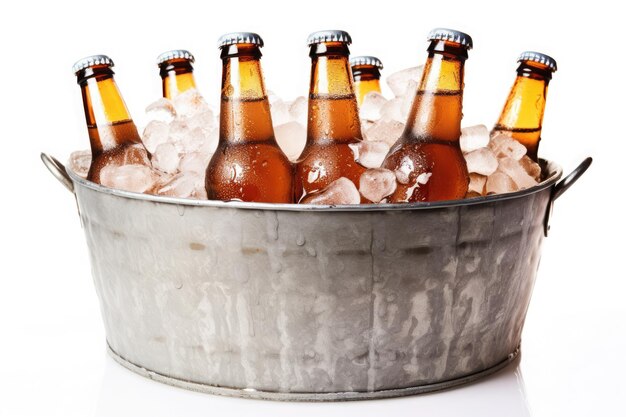 Cold bottles of beer with condensation droplets in the metal bucket with ice isolated on white background