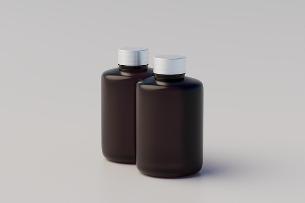 콜드 브루 커피 앰버 브라운 작은 유리병 포장 모형 여러 병 3D 렌더링