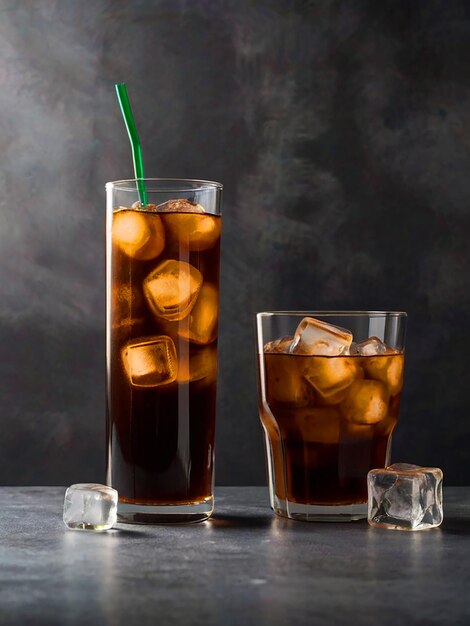 cold brew coffee in a tall glass with ice cubes