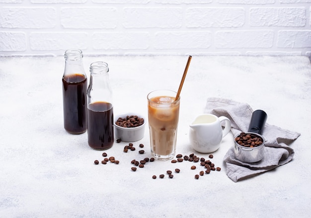 Cold brew coffee with ice and milk , trendy refreshing drink