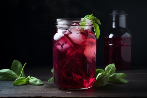 Cold brew hibiscus tea with ice and basil leaves generative AI