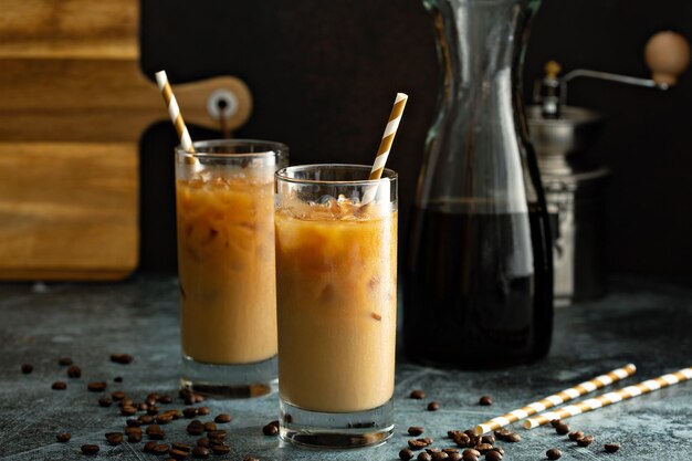 Cold brew iced coffee in tall glasses