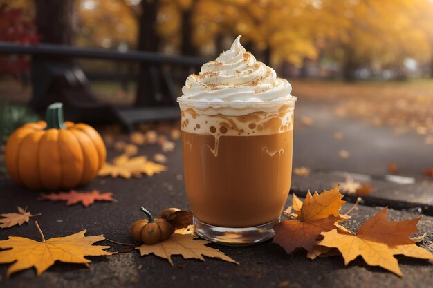 Cold Brew latte on the road with pumpkin and autumn leaves
