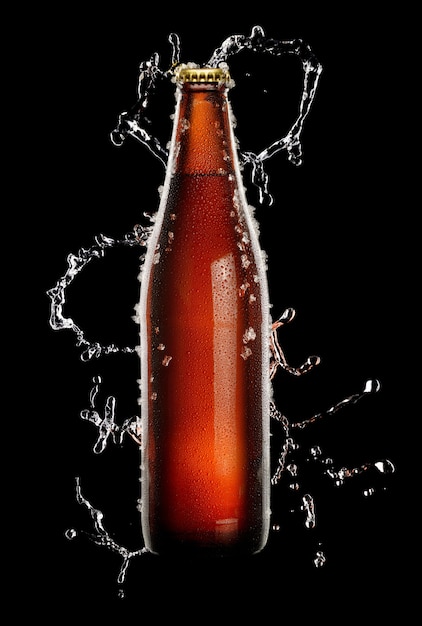 Cold brown bottle of beer with water droplets and ice over black