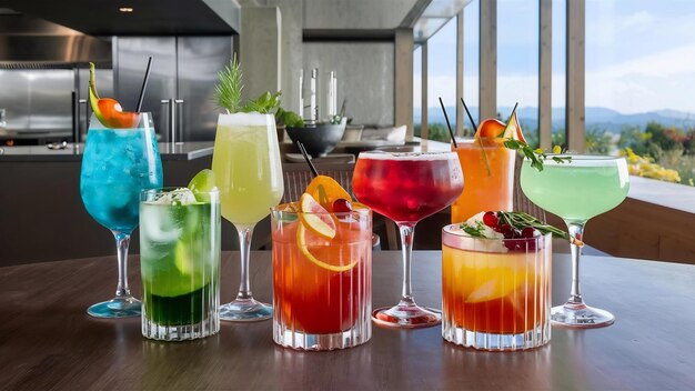 Cold cocktails of different colors on the table