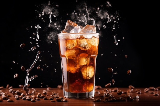 Cold coffee drink with ice and splashes