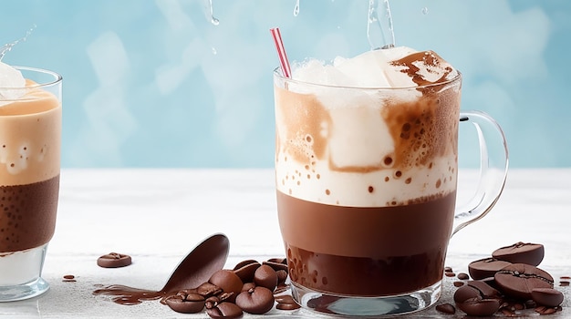 Cold coffee drink with ice and splashes