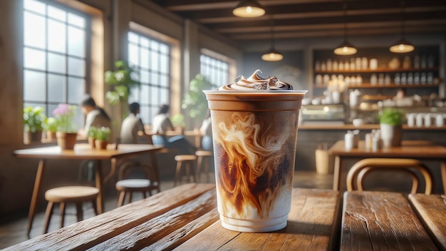 Cold coffee milk condenses in a clear plastic cup cafe background