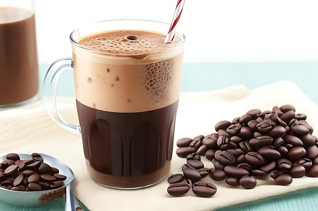 Cold coffee with coffee beans