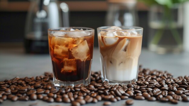 Cold coffee with ice and milk selective focus Generative AI