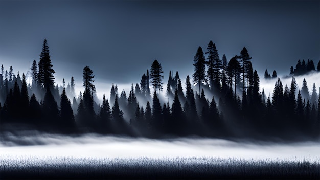 cold and dark forest with a lot of fog