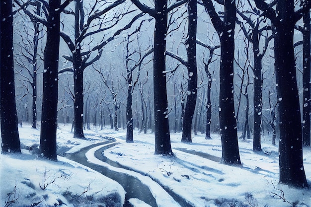 Cold day in the snowy winter forest