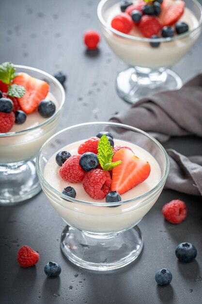 Cold and delicious Panna Cotta made of milk and berries